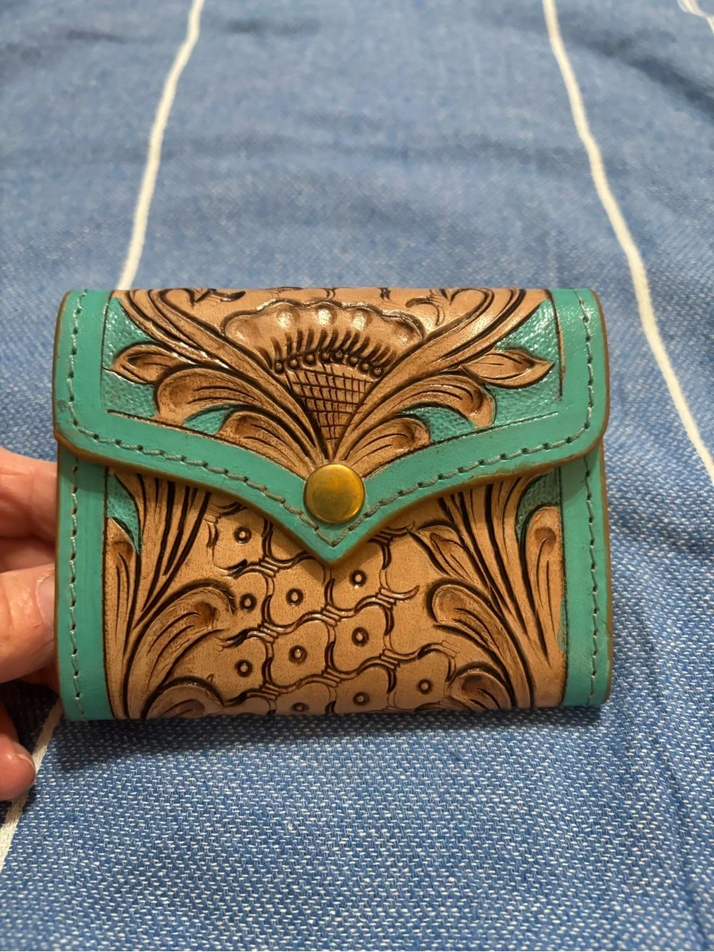 Turquoise-Trim Floral Tooled Leather Wallet